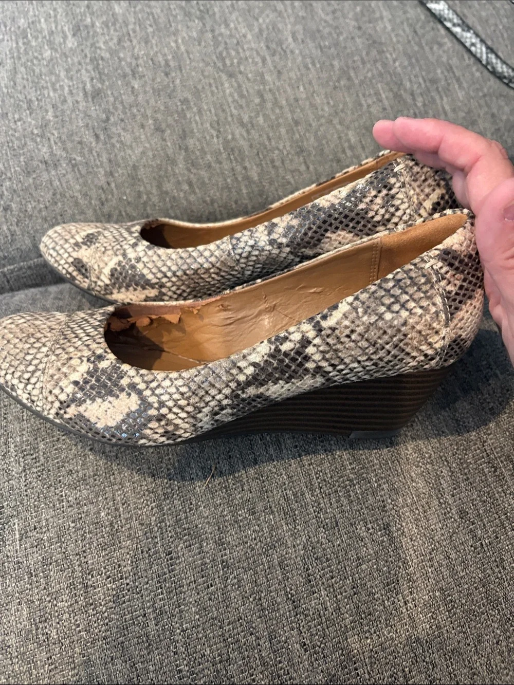 Clarks Beige and Black Snake-Pattern Wedge Pumps